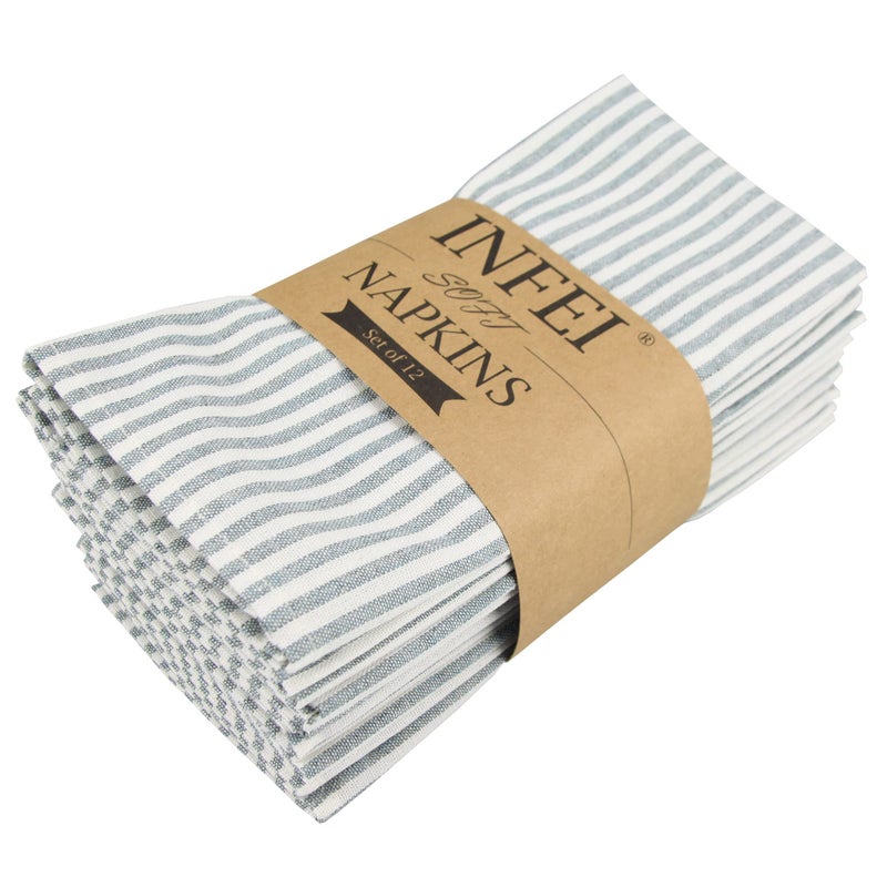 INFEI Plain Striped Cotton Linen Blended Dinner Cloth Napkins - Set of 12 (40 x 30 cm) - for Events & Home Use (Ocean) - Image 1